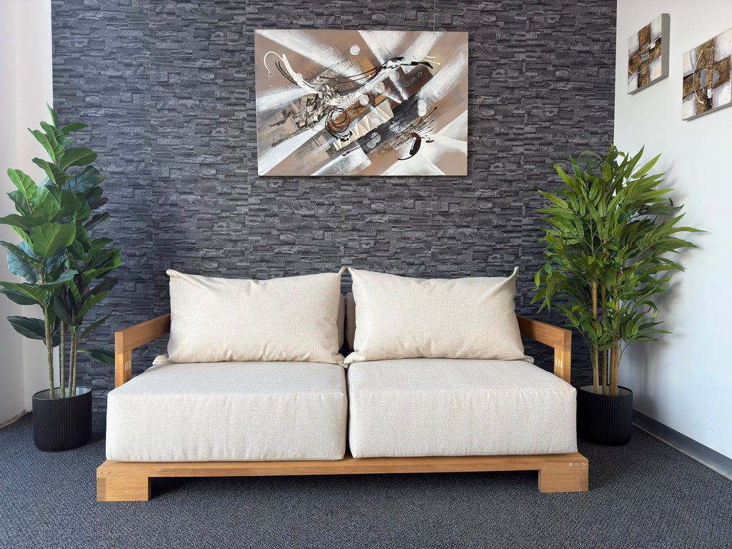 Cavura 2 Seater Patio Sofa in solution-dyed Clario outdoor fabric on a solid Iroko frame