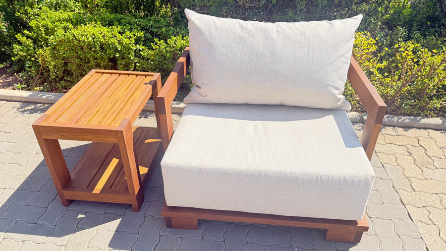 Cavura outdoor patio sofa on a solid Iroko frame