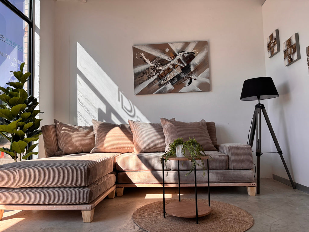 Velorra Luma L-shape 4-Seater modular sofa in Luma fabric on a solid Red Oak base