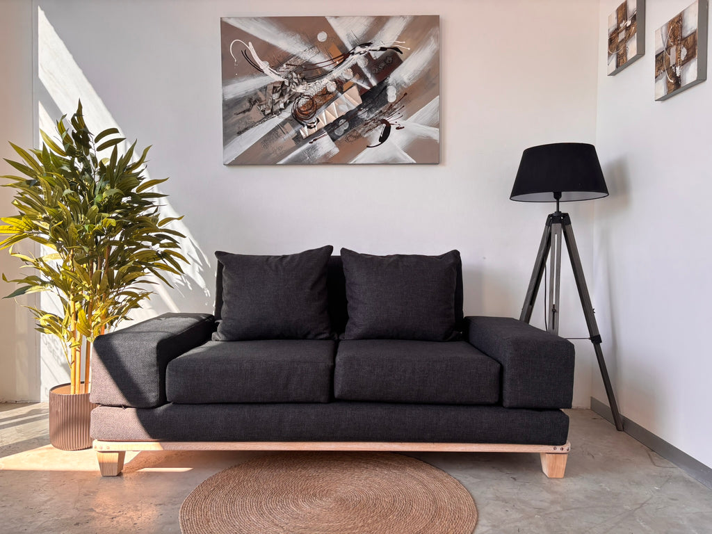 Velorra Glaciella 2-Seater sofa in Glaciella ribbed fabric on a solid Red Oak base