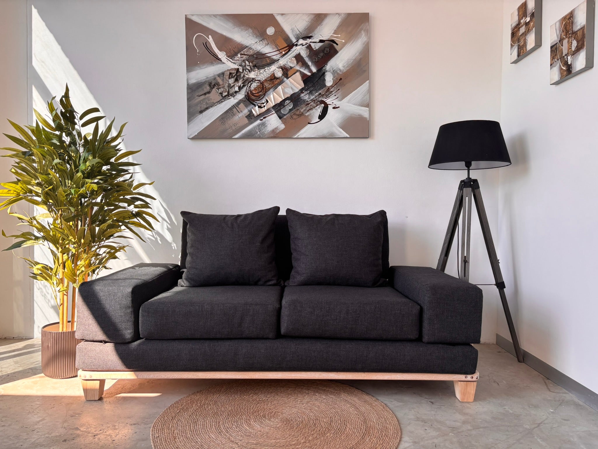 Velorra Glaciella 2-Seater sofa in Glaciella ribbed fabric on a solid Red Oak base