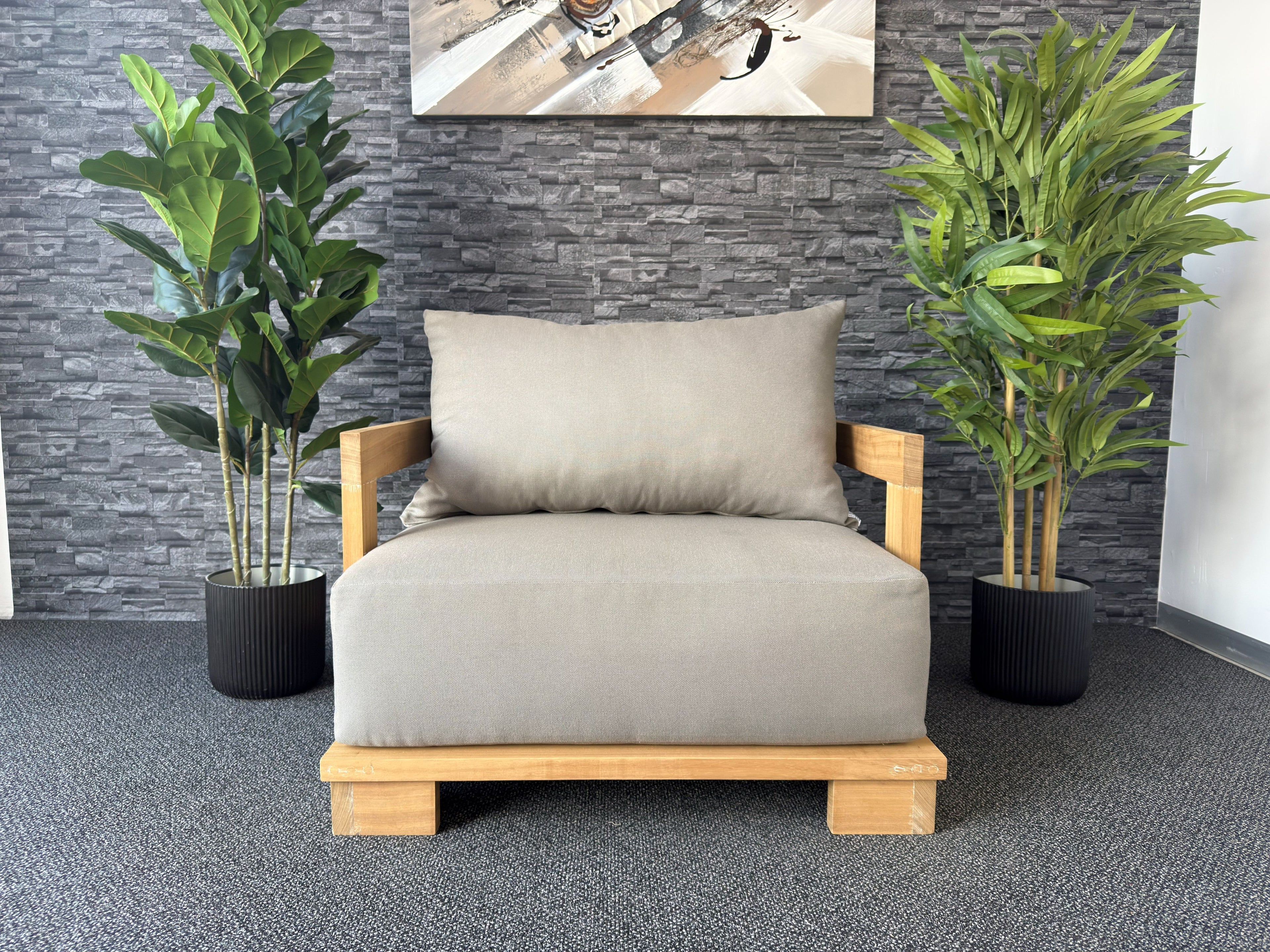 Varela 1 Seater Patio Sofa in FibreGuard outdoor fabric on a solid Iroko frame
