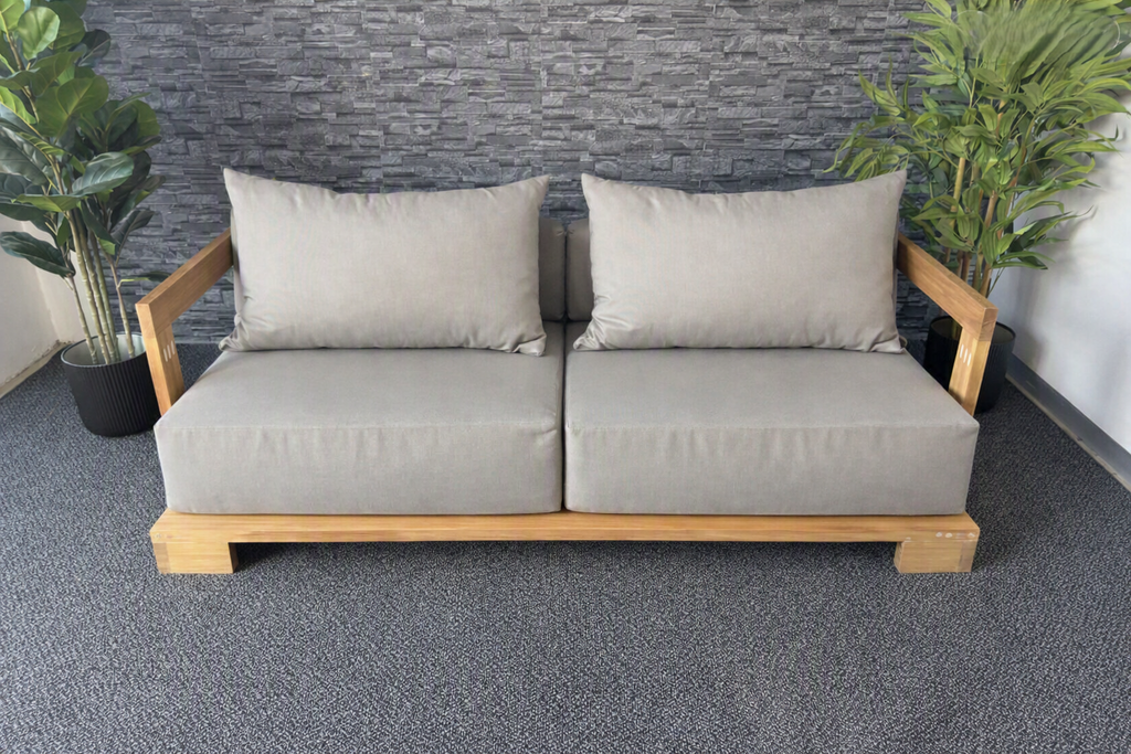 Varela 2 Seater Patio Sofa in FibreGuard outdoor fabric on a solid Iroko frame